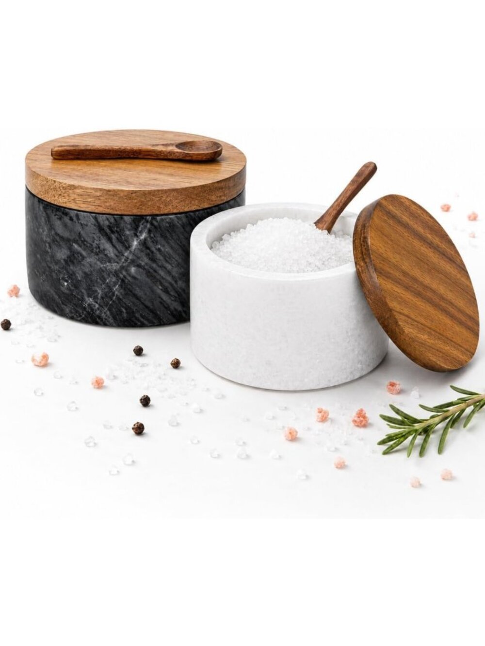 Elegant Marble Salt Cellar with Lid & Spoon - Stylish White & Grey Salt